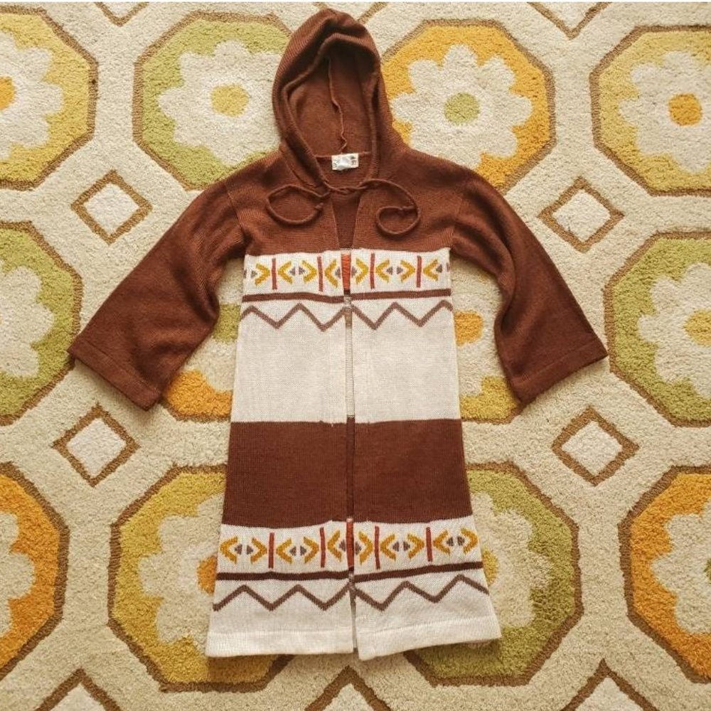 70s Bistro Long Hooded Aztec Cardigan